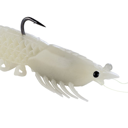 Berkley PowerBait Shrimperor 5" Glow/Chartreuse line-through bait detail, MPN 1656271
