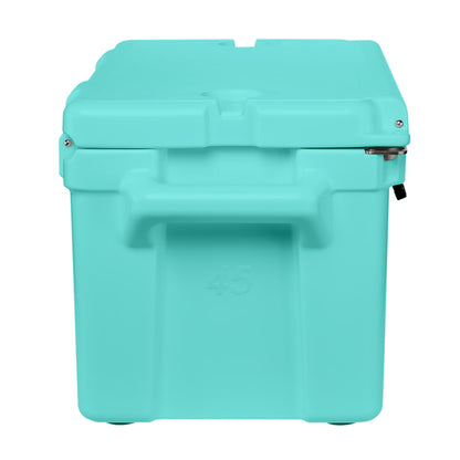 LAKA 45 Qt rotomolded cooler Seafoam drain and handle detail