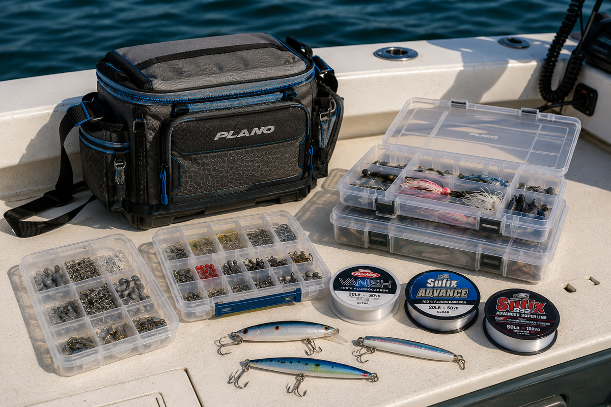 Organized saltwater fishing tackle trays, leader spools and tackle bag on a center console boat