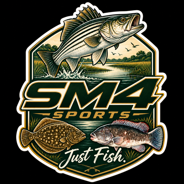 SM4 Sports official fishing logo with striped bass, flounder and tautog